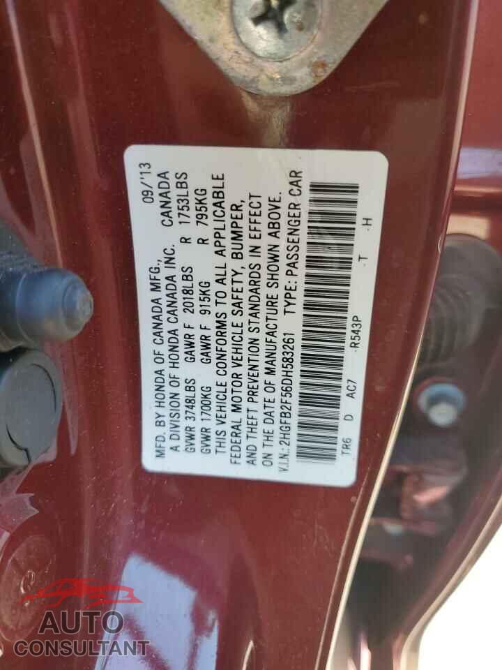 HONDA CIVIC 2013 - 2HGFB2F56DH583261