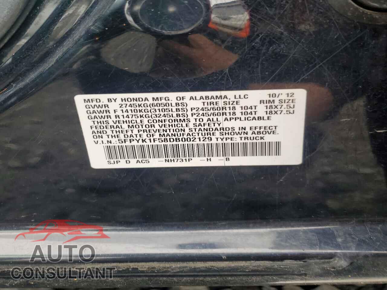 HONDA RIDGELINE 2013 - 5FPYK1F58DB002129