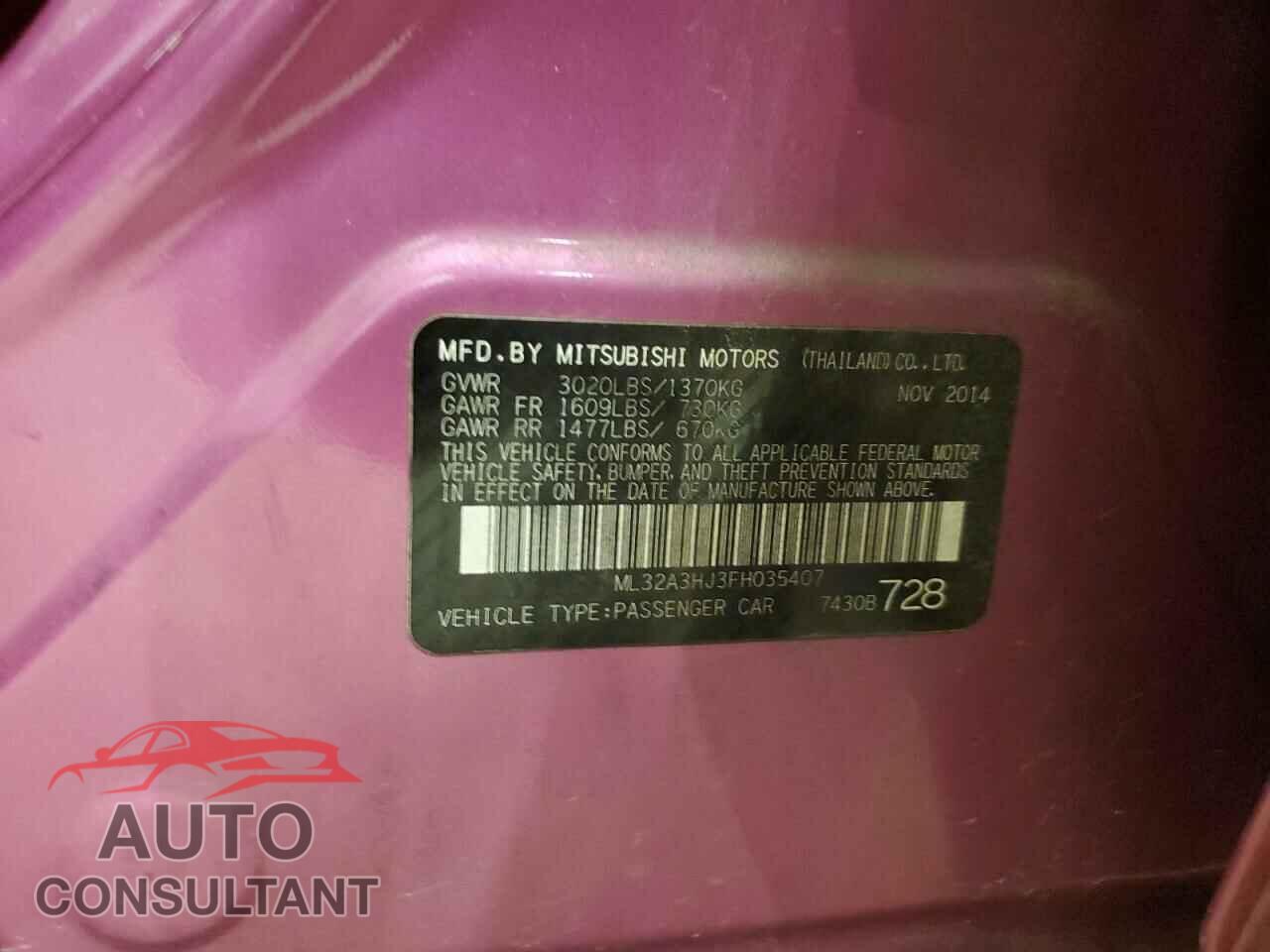 MITSUBISHI MIRAGE 2015 - ML32A3HJ3FH035407