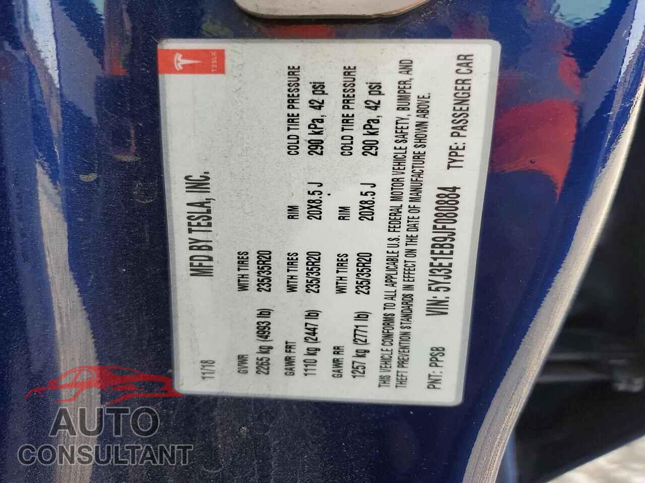 TESLA MODEL 3 2018 - 5YJ3E1EB9JF080884
