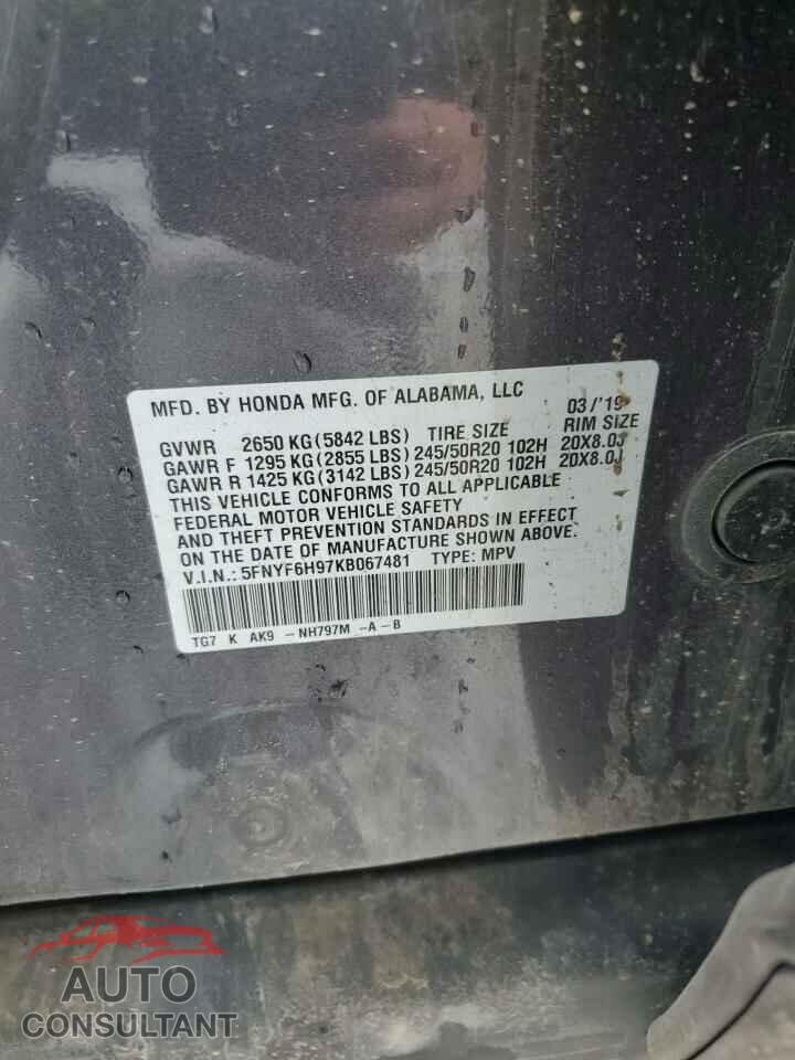 HONDA PILOT 2019 - 5FNYF6H97KB067481