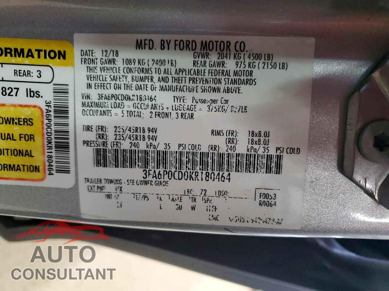 FORD FUSION 2019 - 3FA6P0CD0KR180464
