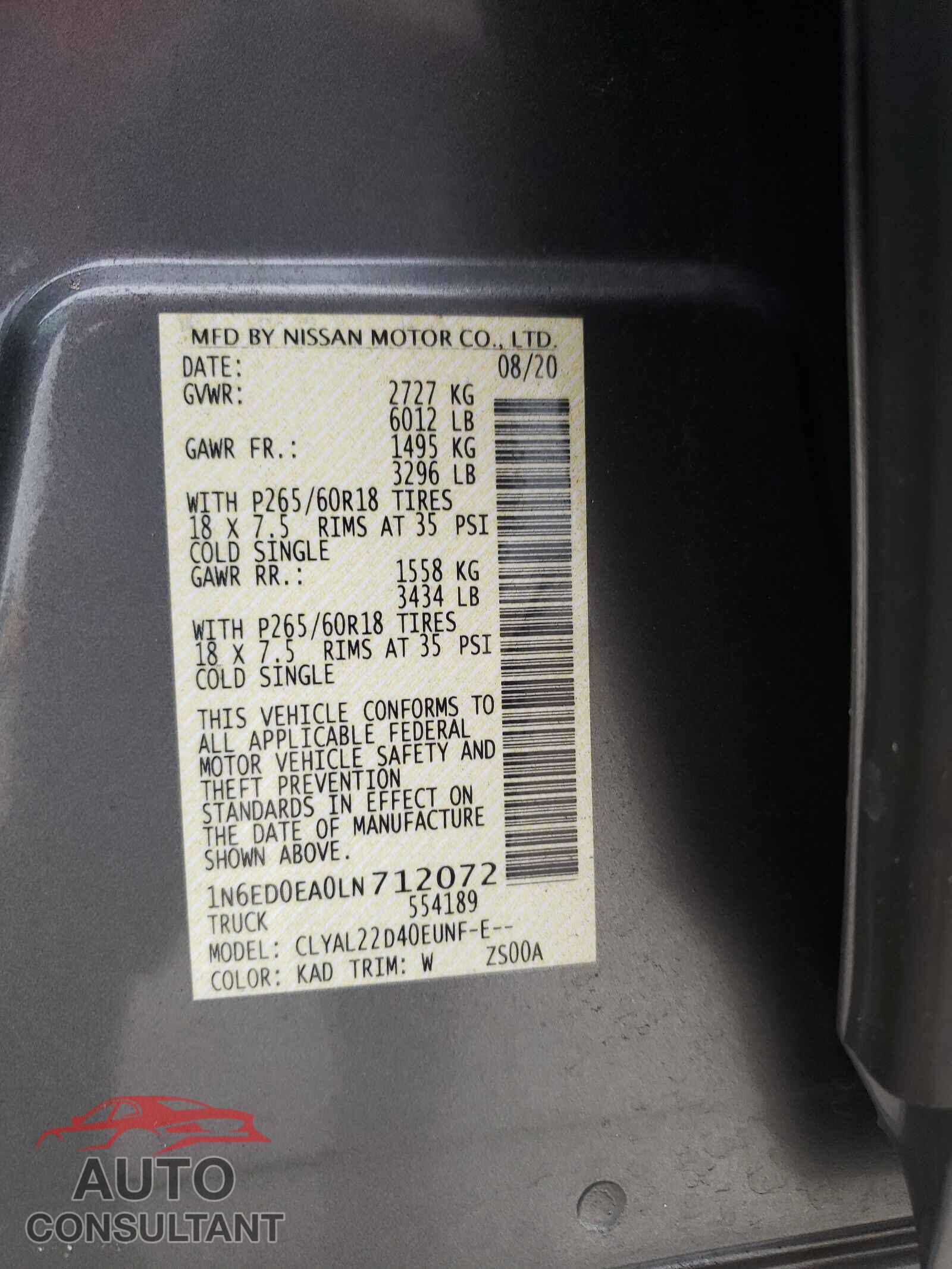 NISSAN FRONTIER 2020 - 1N6ED0EA0LN712072