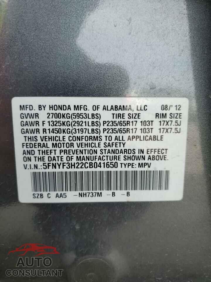 HONDA PILOT 2012 - 5FNYF3H22CB041650