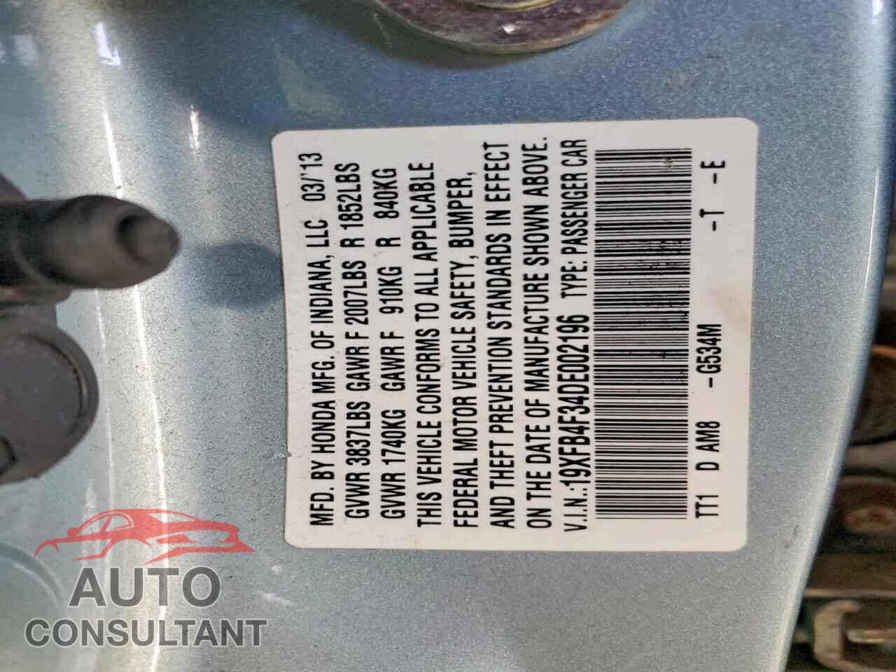 HONDA CIVIC 2013 - 19XFB4F34DE002196