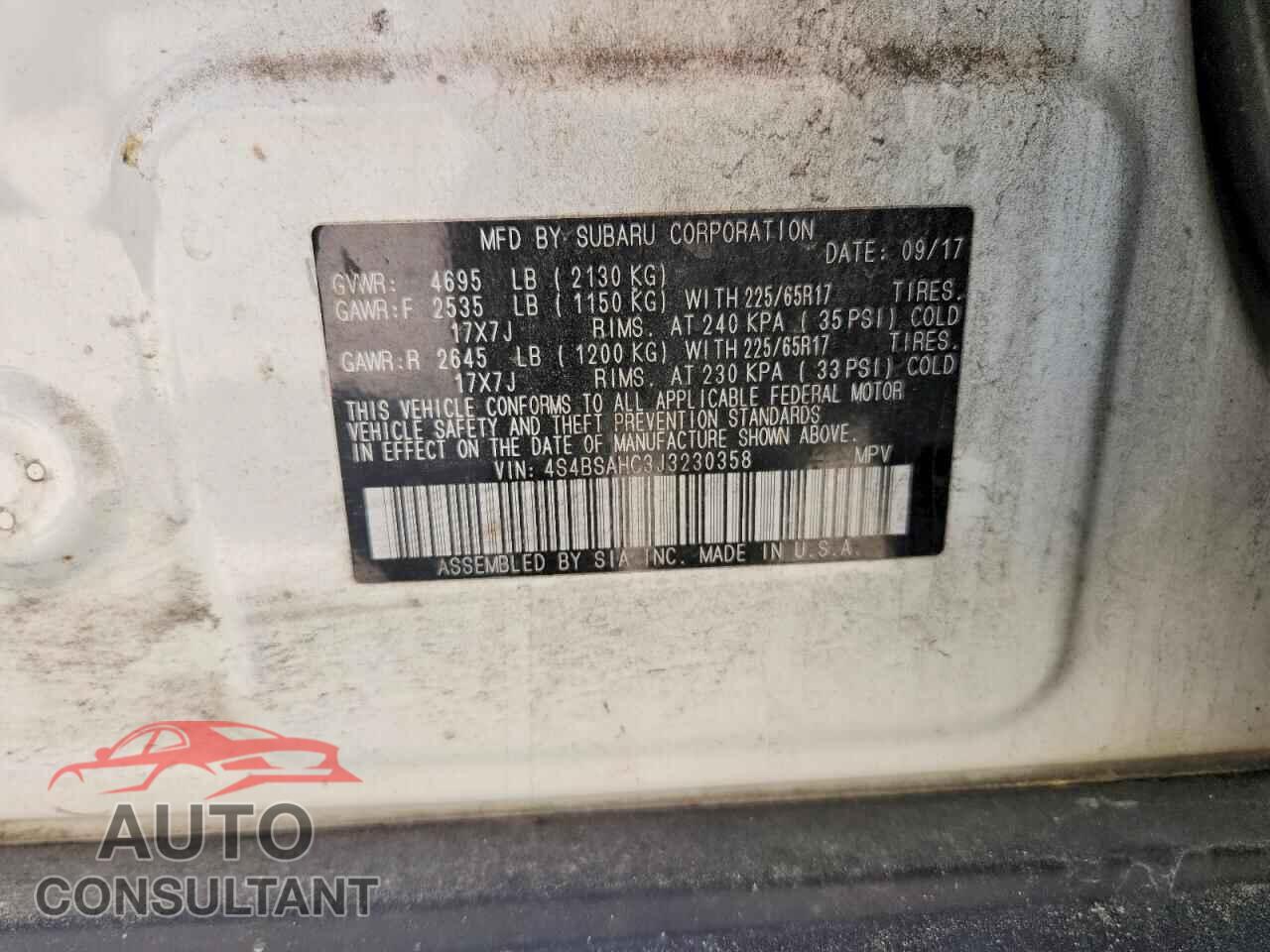 SUBARU OUTBACK 2018 - 4S4BSAHC3J3230358