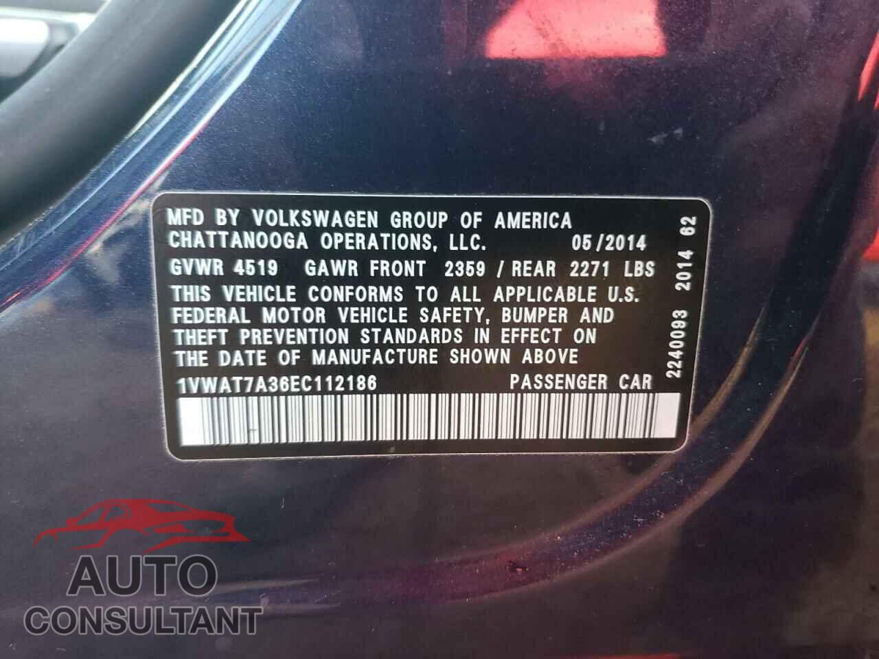 VOLKSWAGEN PASSAT 2014 - 1VWAT7A36EC112186