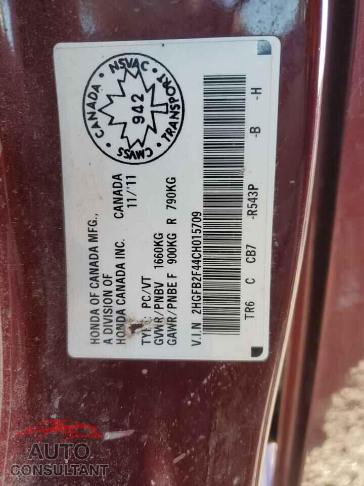 HONDA CIVIC 2012 - 2HGFB2F44CH015709
