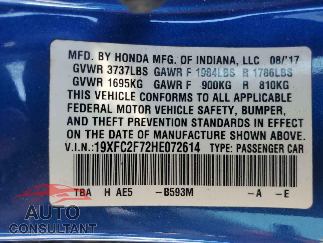 HONDA CIVIC 2017 - 19XFC2F72HE072614