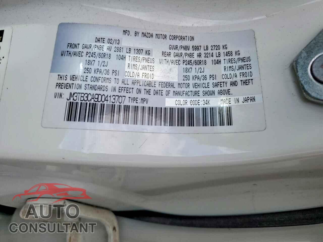 MAZDA CX-9 2013 - JM3TB3CA9D0413707