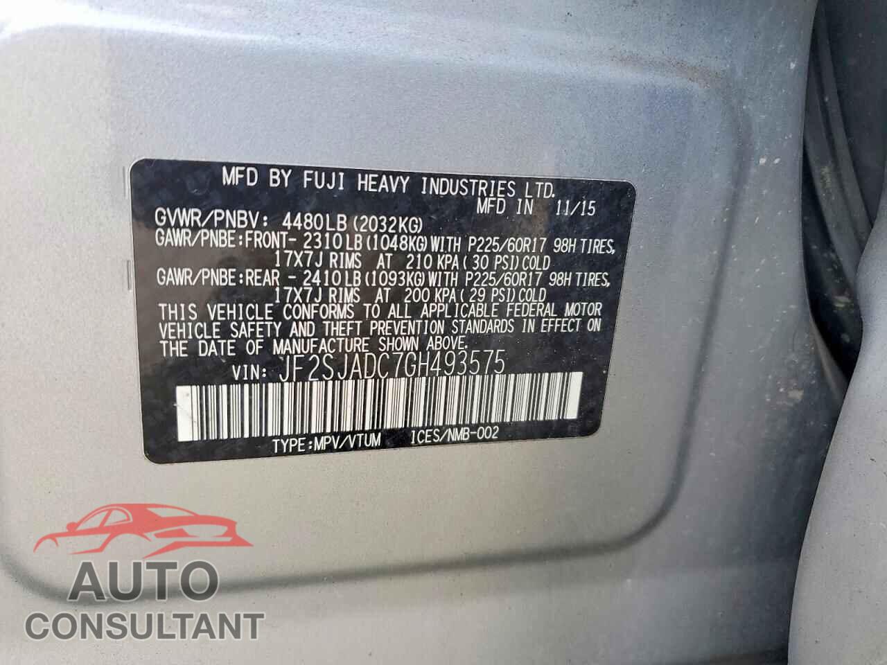 SUBARU FORESTER 2016 - JF2SJADC7GH493575