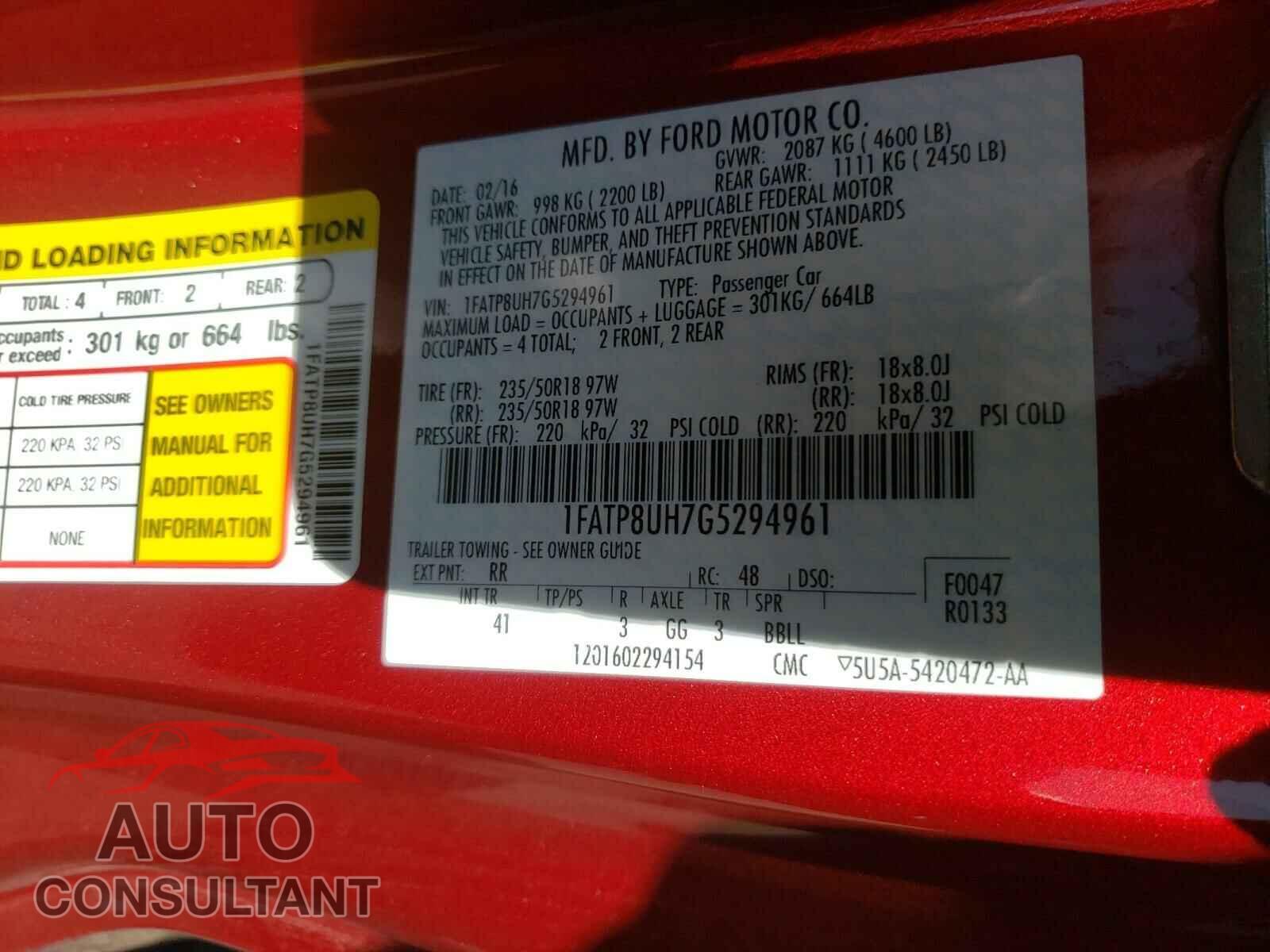 FORD MUSTANG 2016 - 1FATP8UH7G5294961