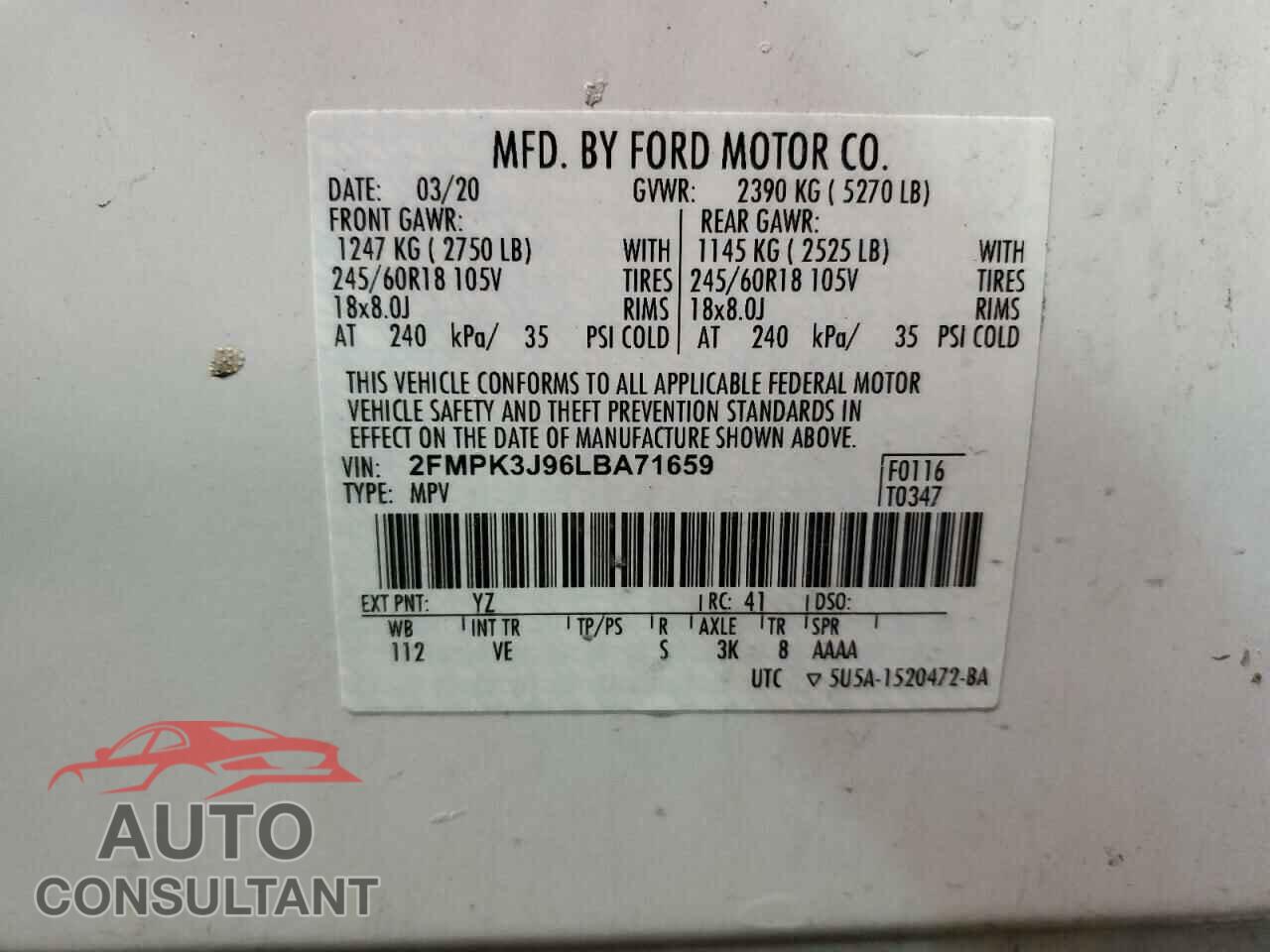 FORD EDGE 2020 - 2FMPK3J96LBA71659