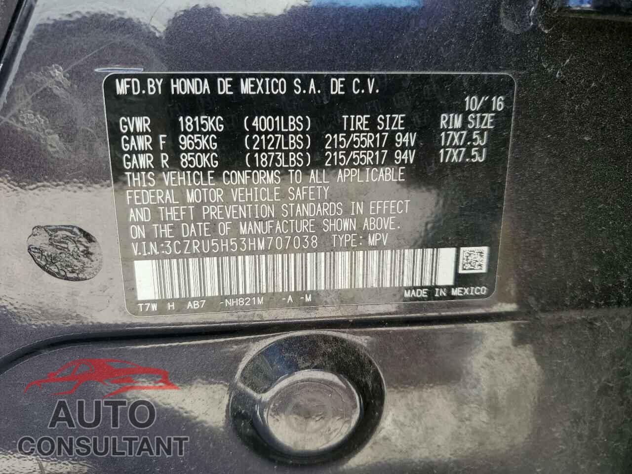 HONDA HR-V 2017 - 3CZRU5H53HM707038