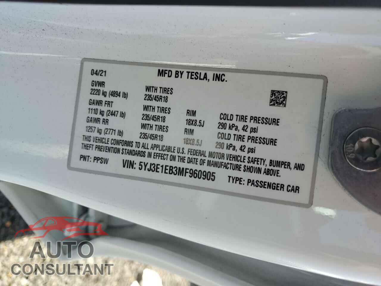TESLA MODEL 3 2021 - 5YJ3E1EB3MF960905