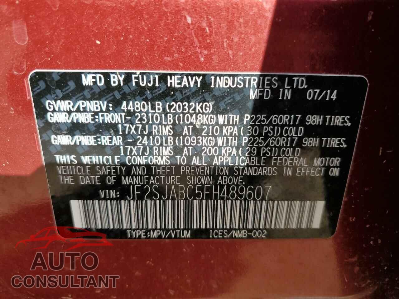 SUBARU FORESTER 2015 - JF2SJABC5FH489607