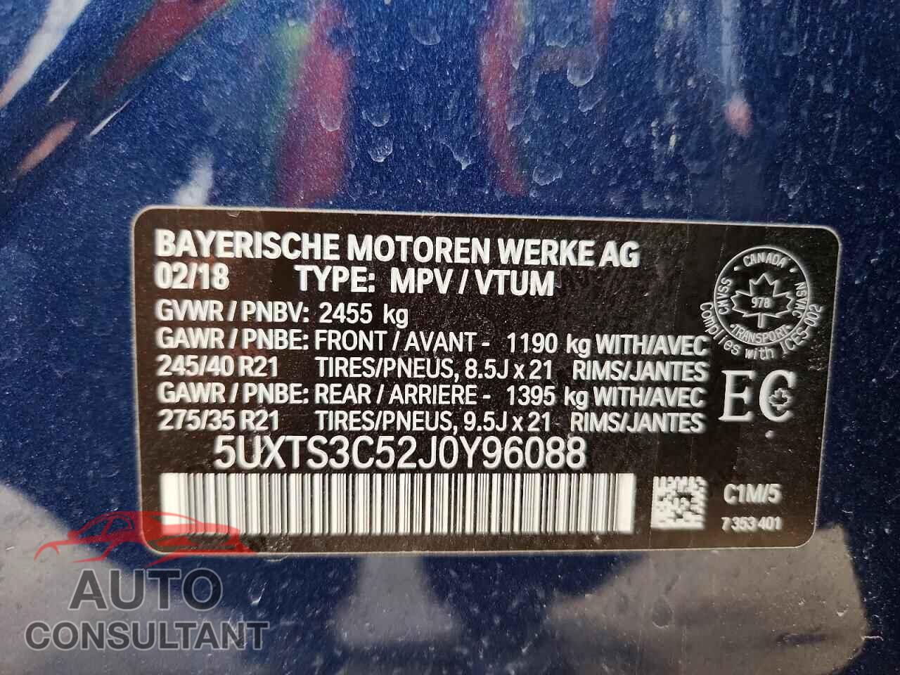 BMW X3 2018 - 5UXTS3C52J0Y96088