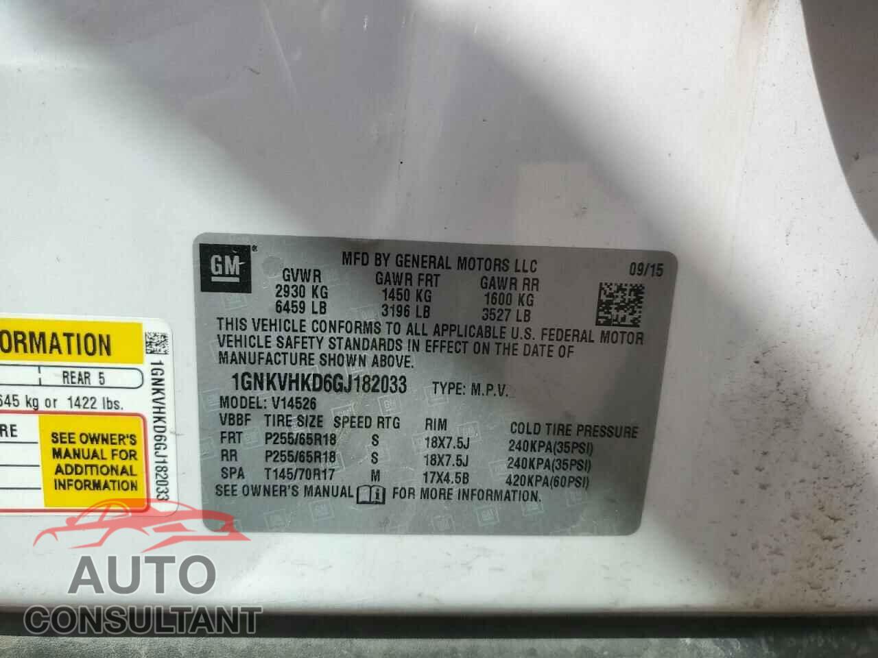 CHEVROLET TRAVERSE 2016 - 1GNKVHKD6GJ182033