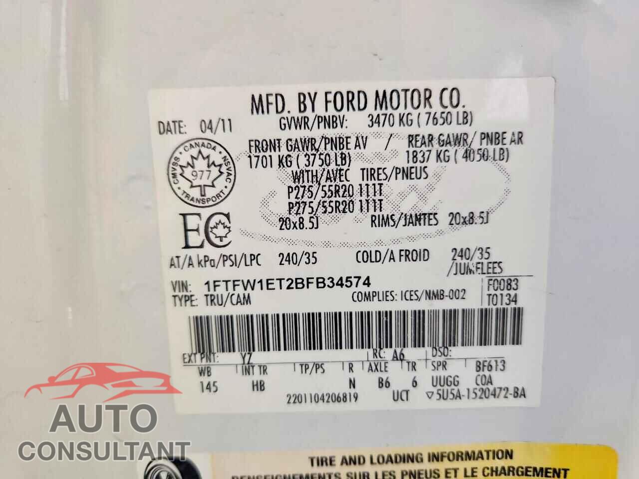 FORD F150 2011 - 1FTFW1ET2BFB34574