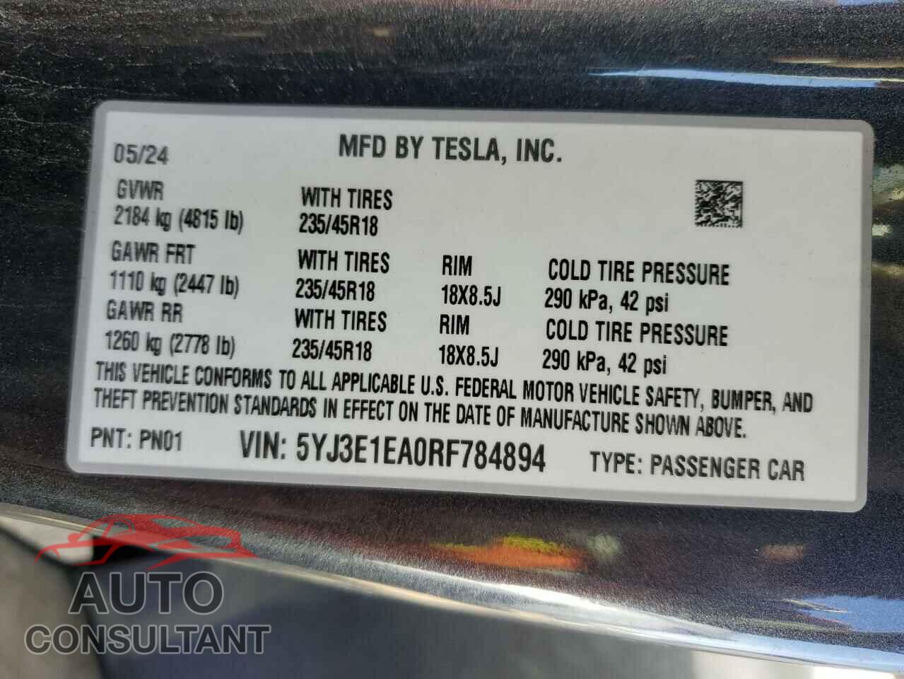 TESLA MODEL 3 2024 - 5YJ3E1EA0RF784894