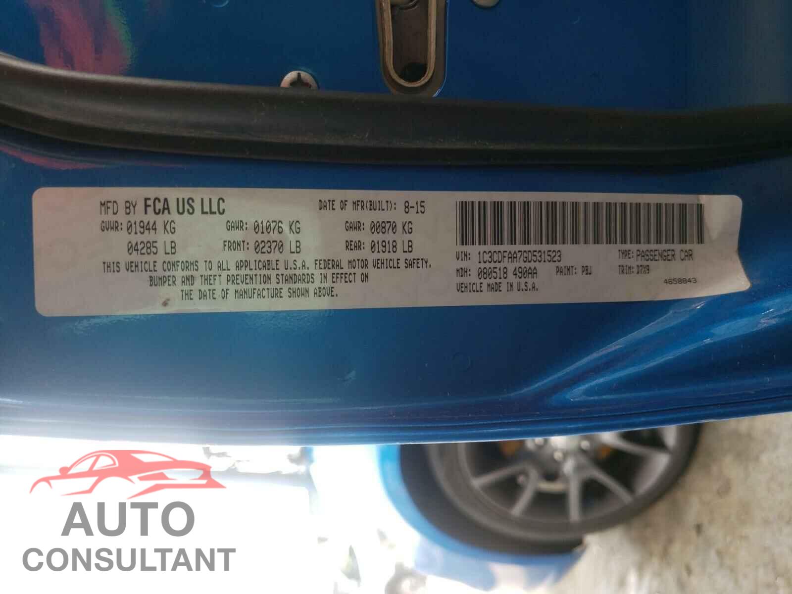 DODGE DART 2016 - 1C3CDFAA7GD531523