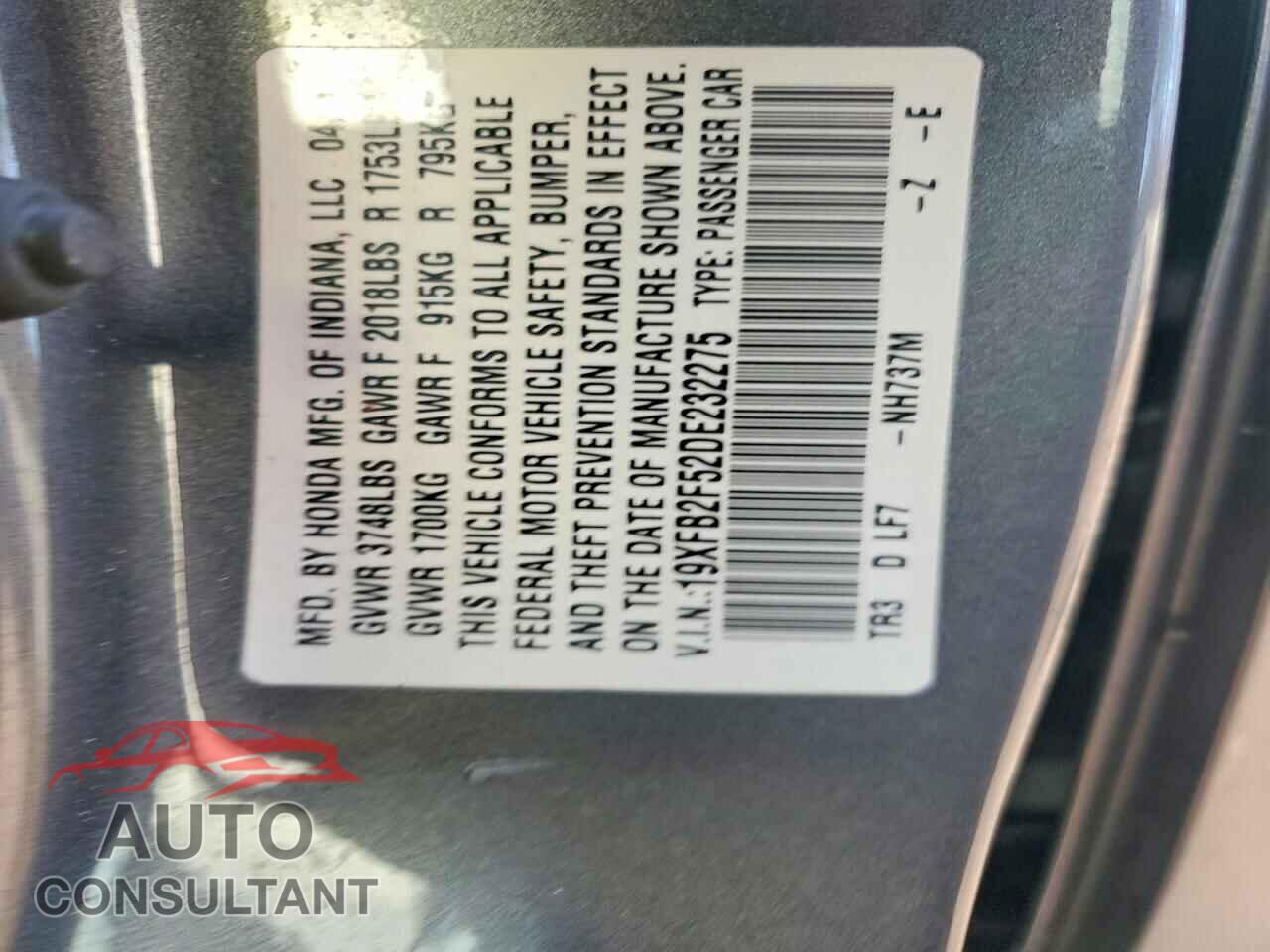HONDA CIVIC 2013 - 19XFB2F52DE232275