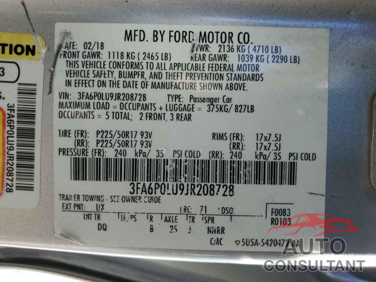FORD FUSION 2018 - 3FA6P0LU9JR208728