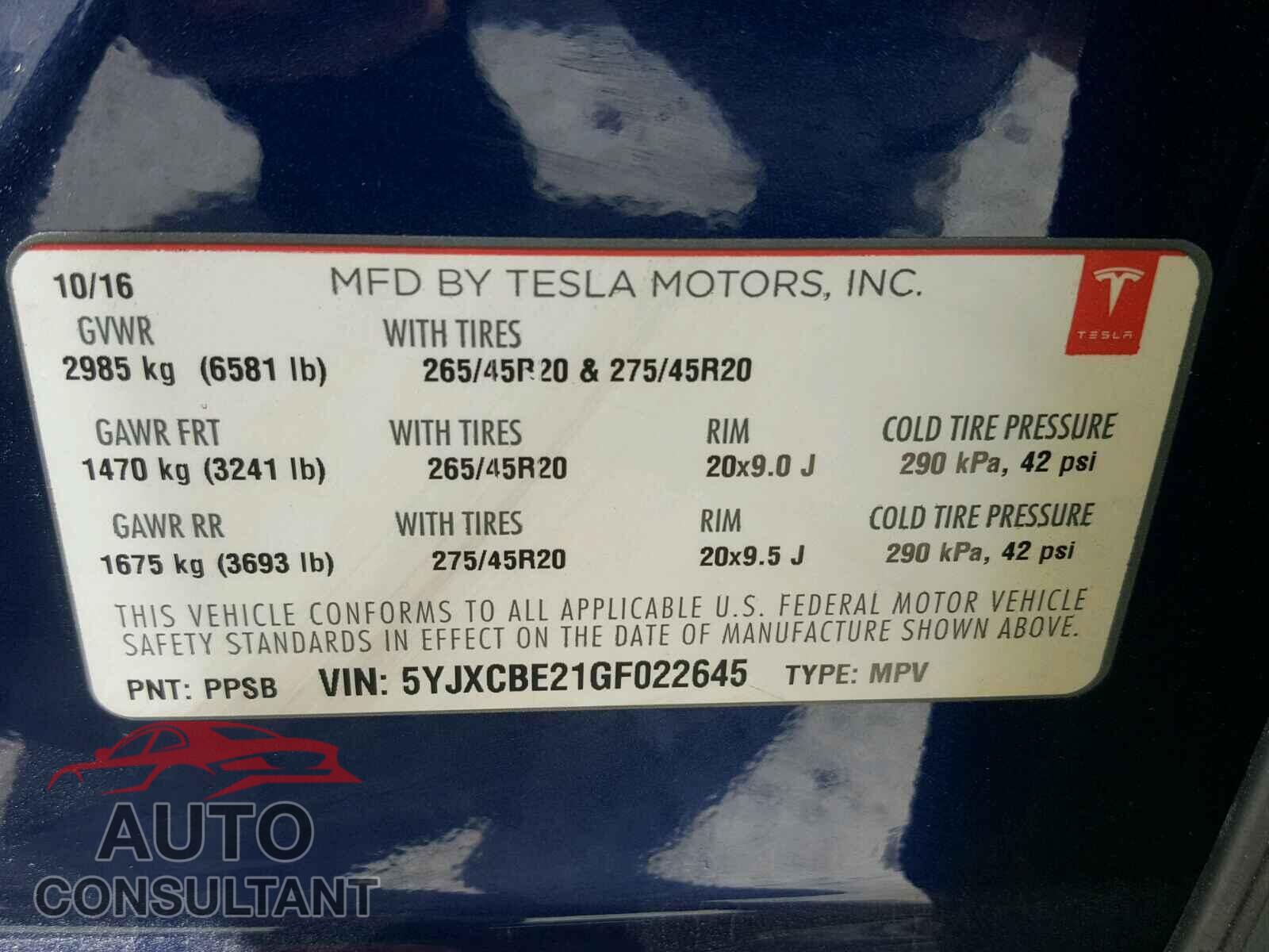 TESLA MODEL X 2016 - 5YJXCBE21GF022645