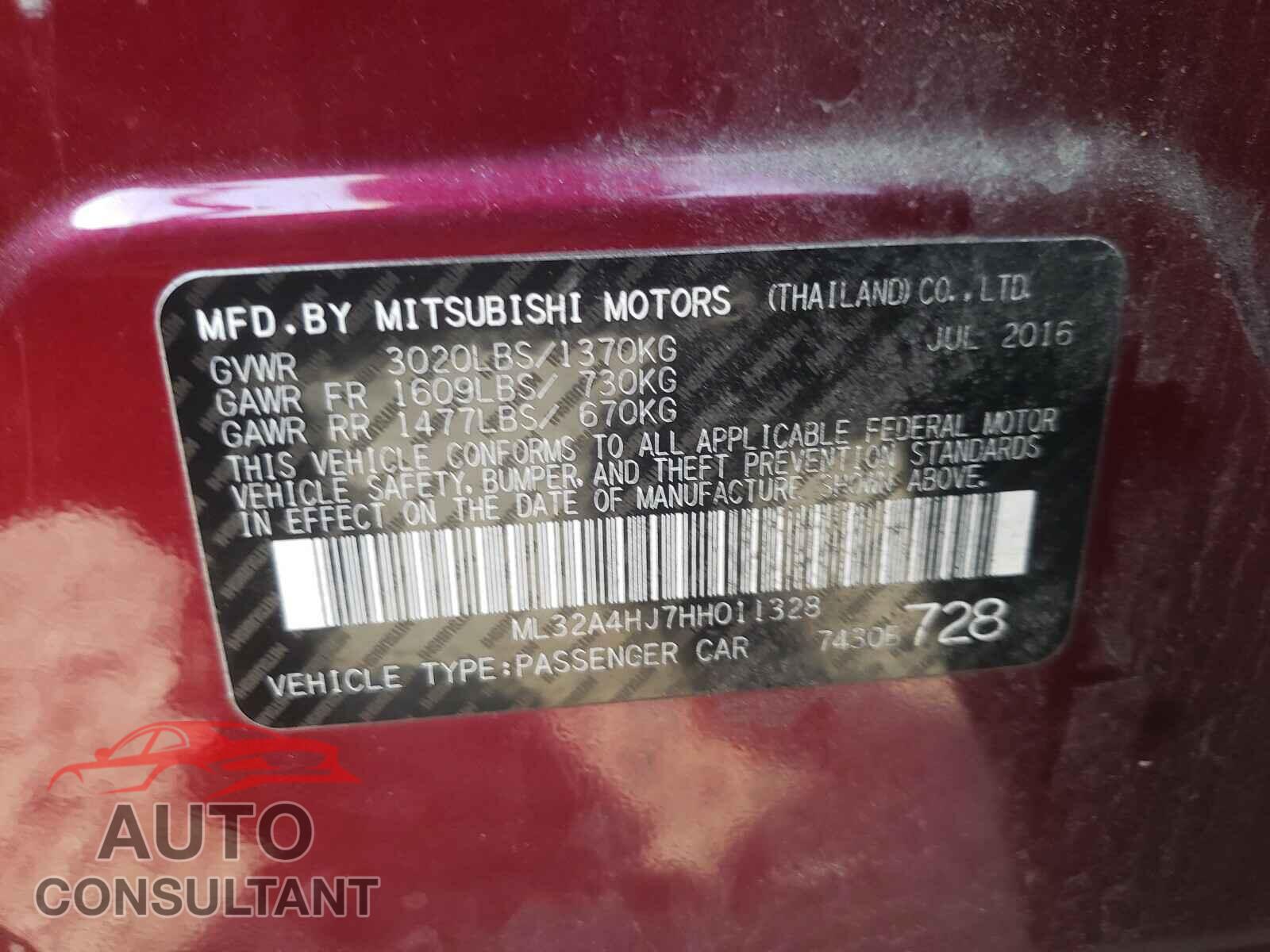 MITSUBISHI MIRAGE 2017 - ML32A4HJ7HH011328