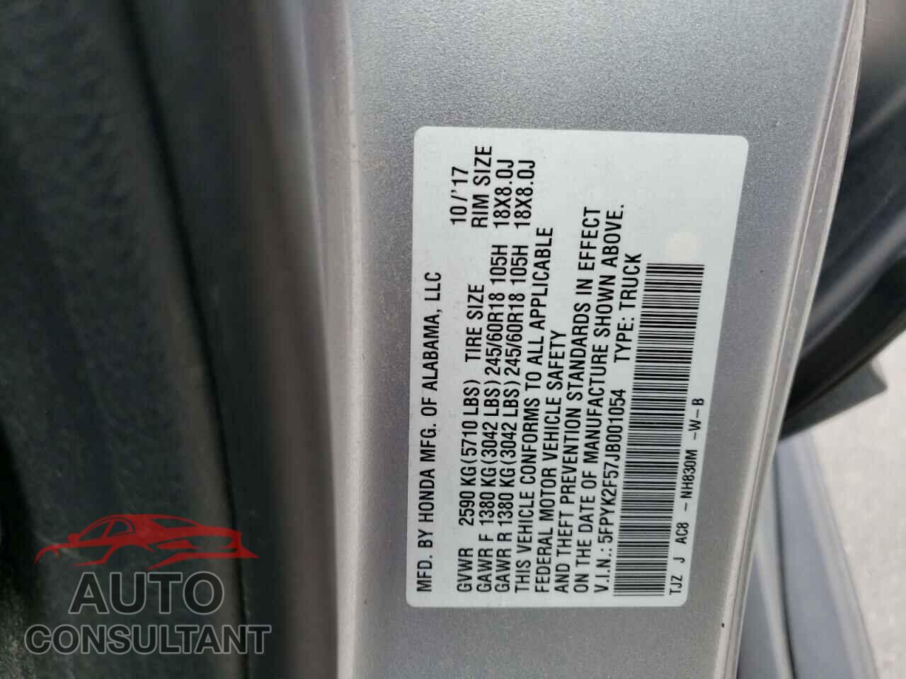HONDA RIDGELINE 2018 - 5FPYK2F57JB001054