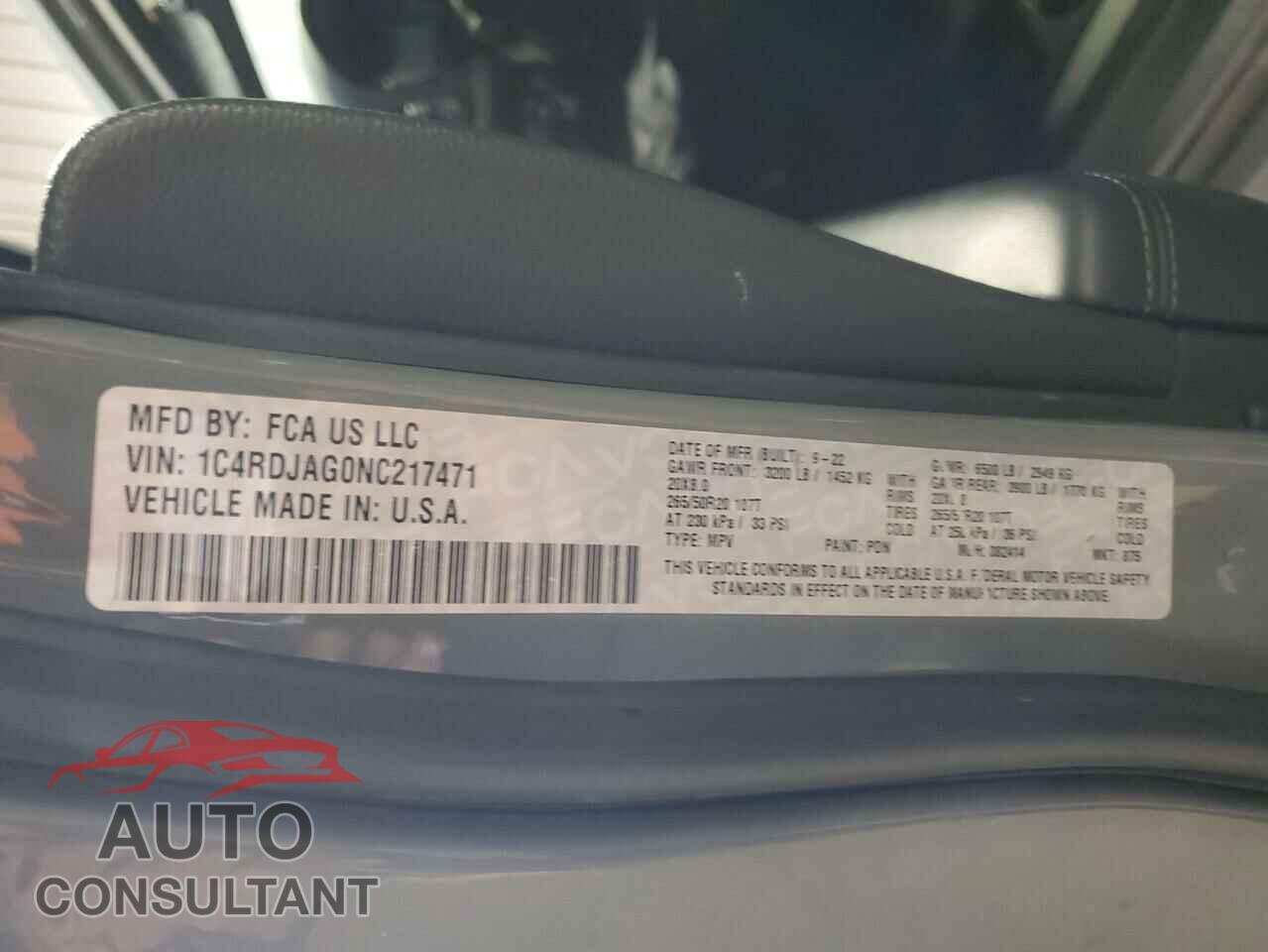 DODGE DURANGO 2022 - 1C4RDJAG0NC217471