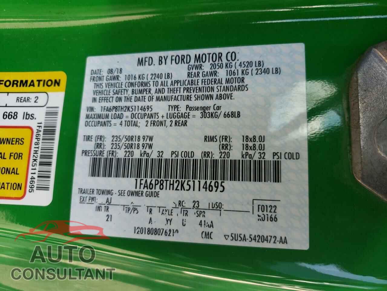 FORD MUSTANG 2019 - 1FA6P8TH2K5114695