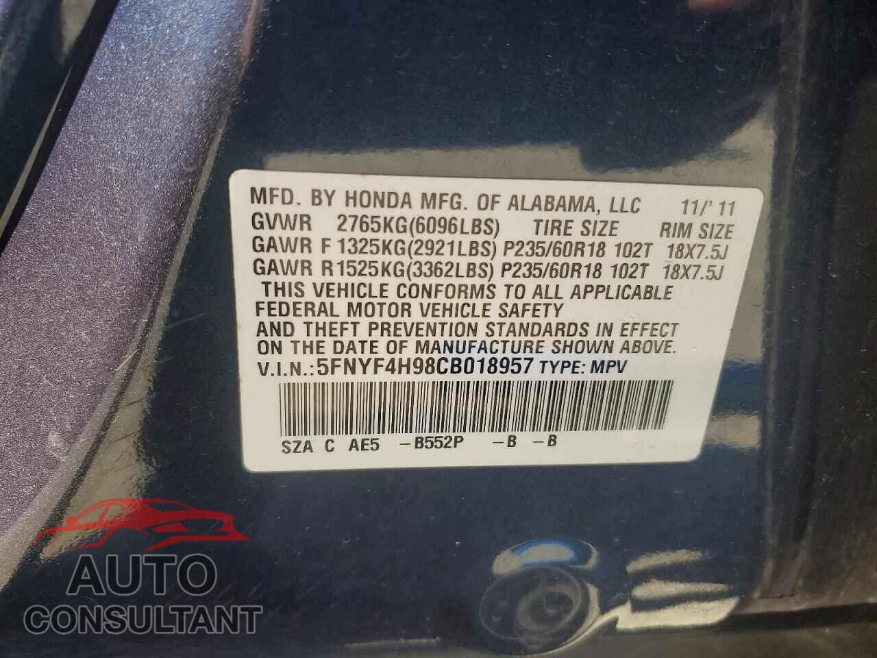 HONDA PILOT 2012 - 5FNYF4H98CB018957