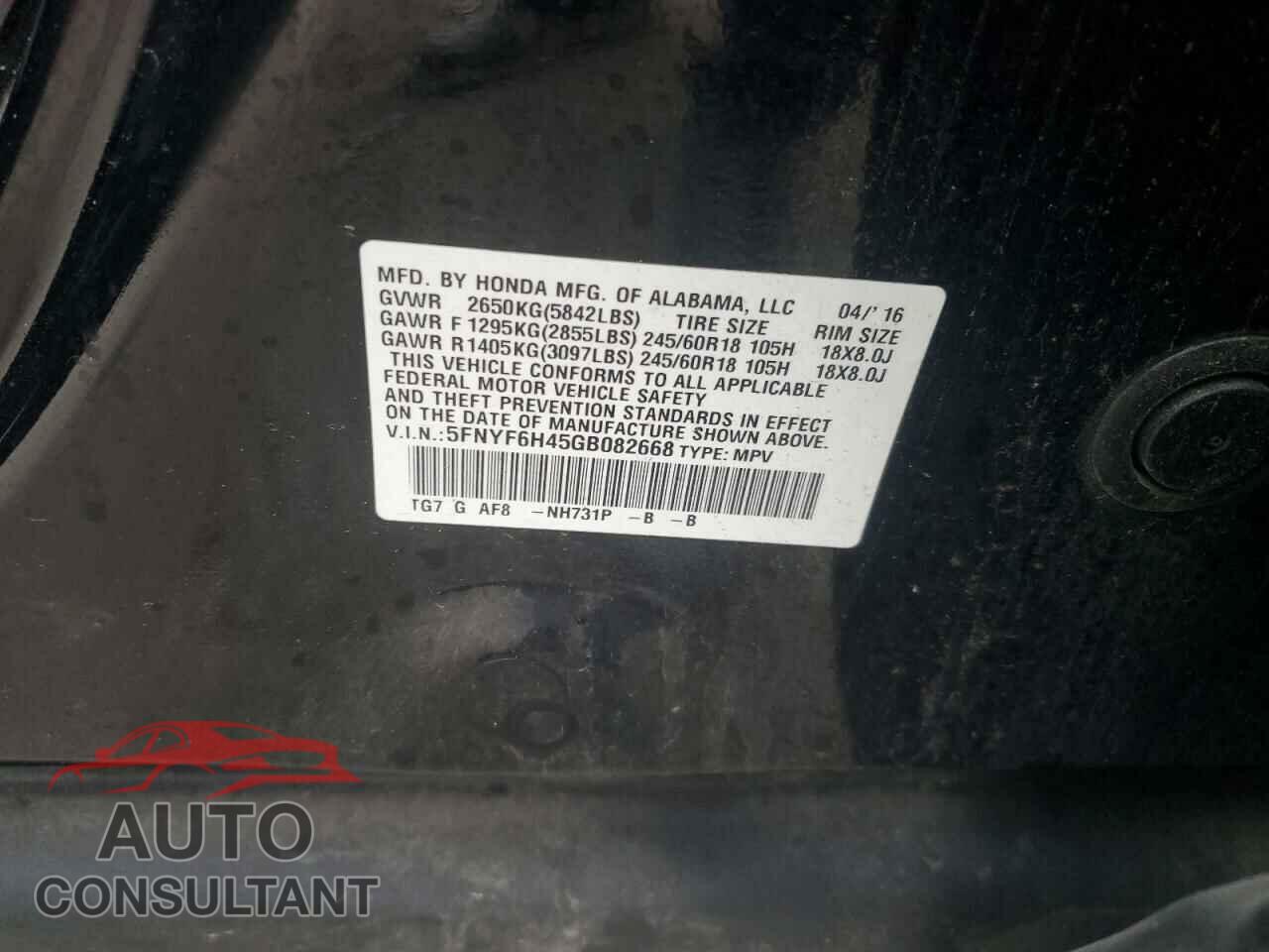HONDA PILOT 2016 - 5FNYF6H45GB082668