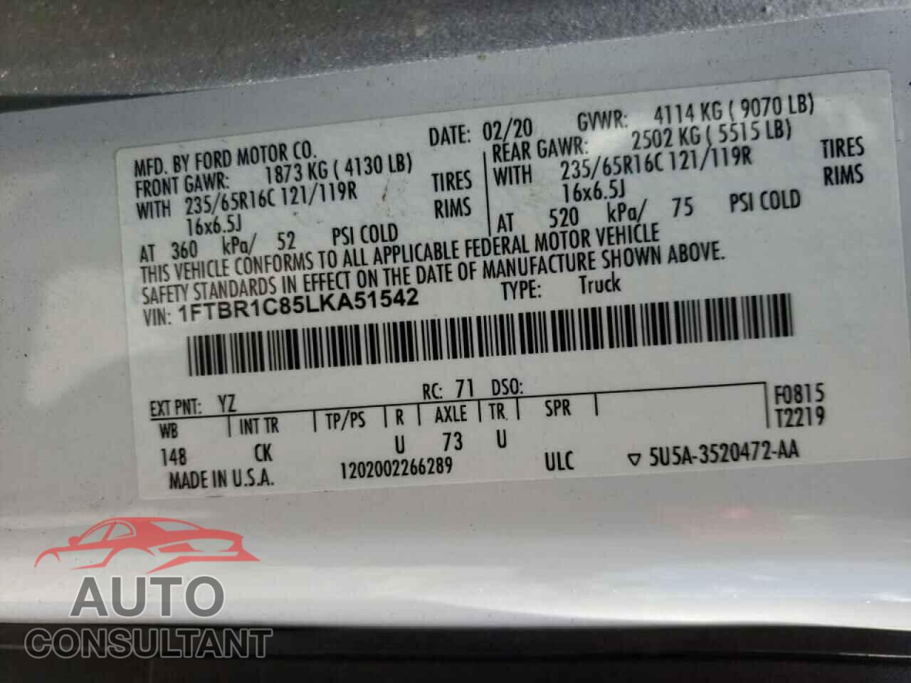 FORD TRANSIT CO 2020 - 1FTBR1C85LKA51542