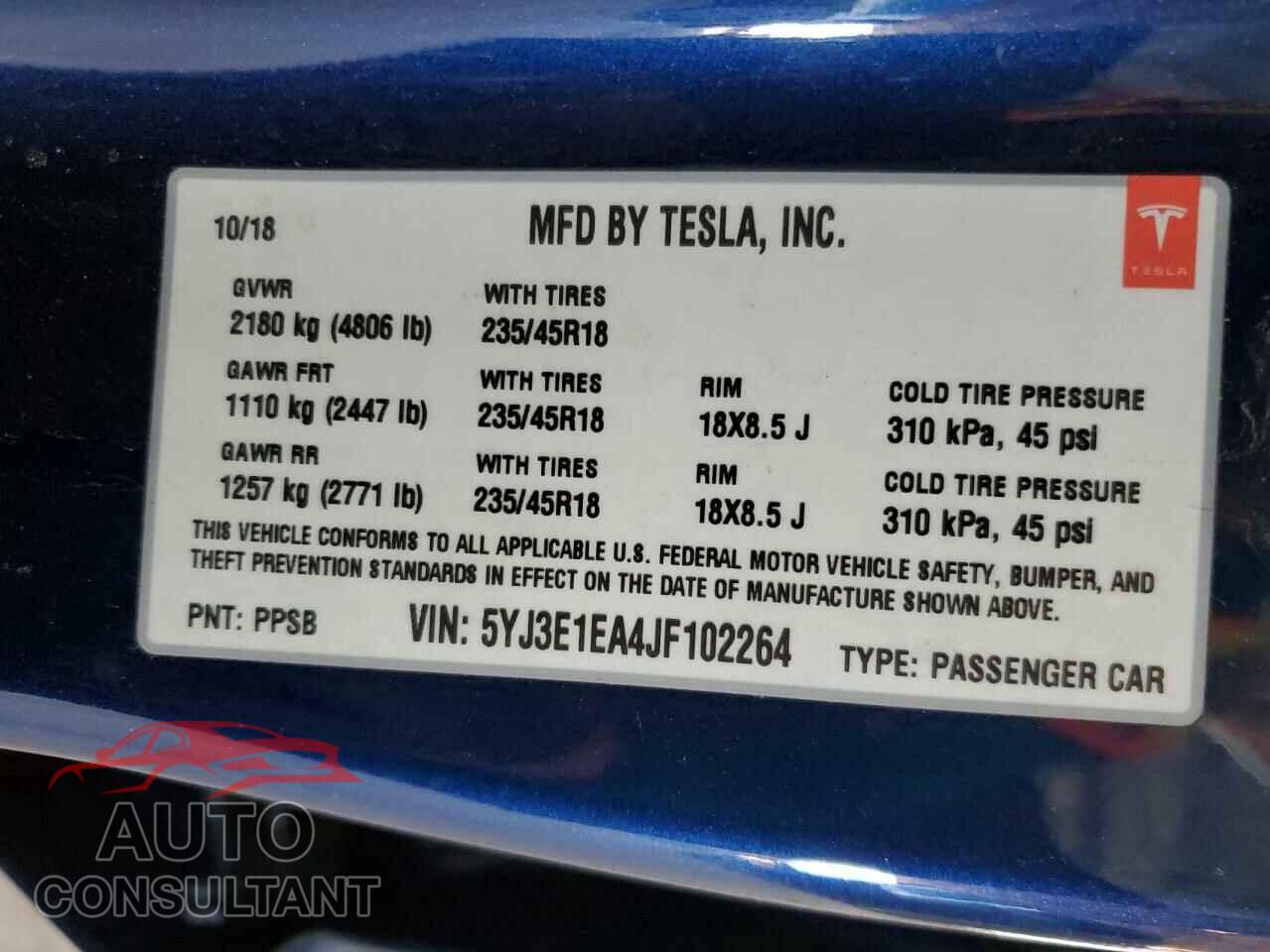 TESLA MODEL 3 2018 - 5YJ3E1EA4JF102264