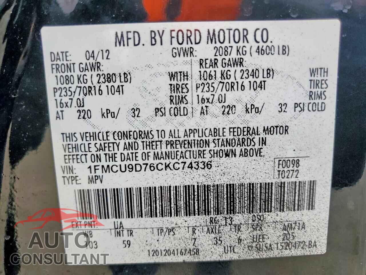FORD ESCAPE 2012 - 1FMCU9D76CKC74336
