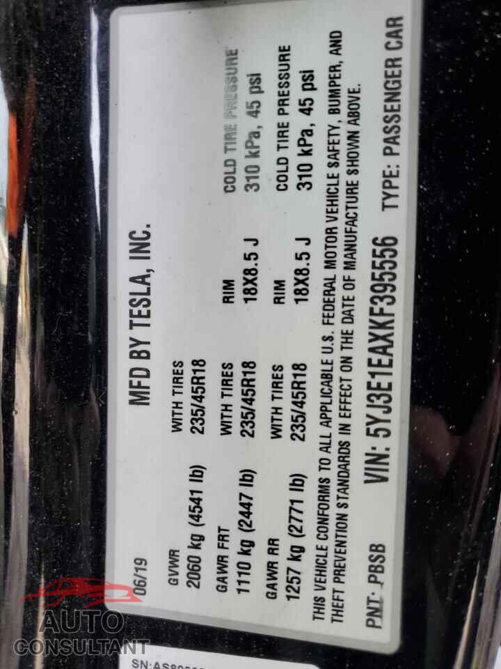 TESLA MODEL 3 2019 - 5YJ3E1EAXKF395556