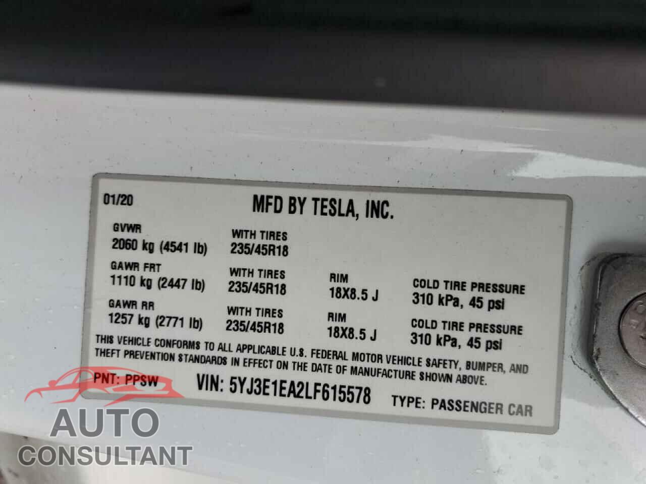 TESLA MODEL 3 2020 - 5YJ3E1EA2LF615578
