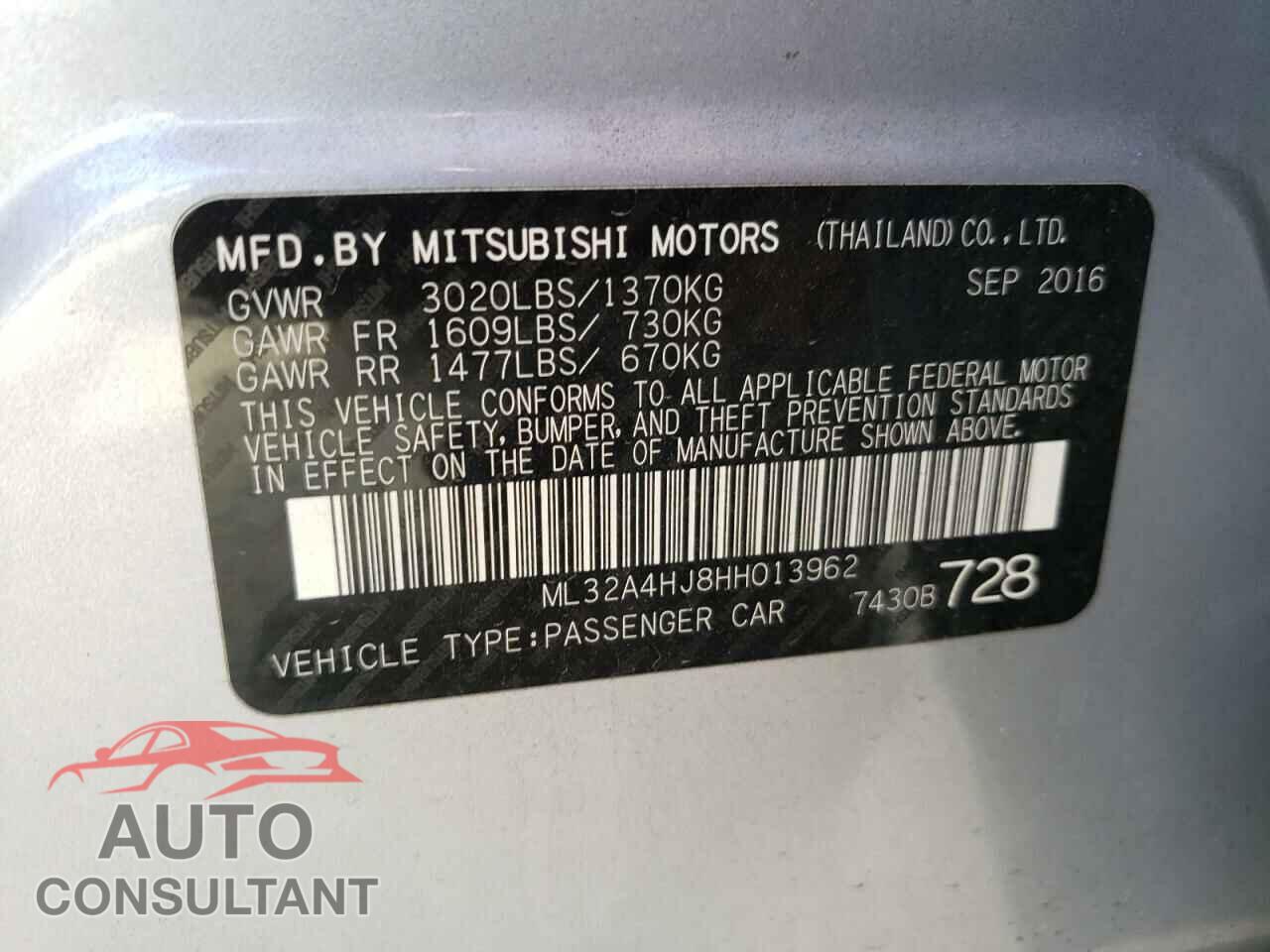 MITSUBISHI MIRAGE 2017 - ML32A4HJ8HH013962