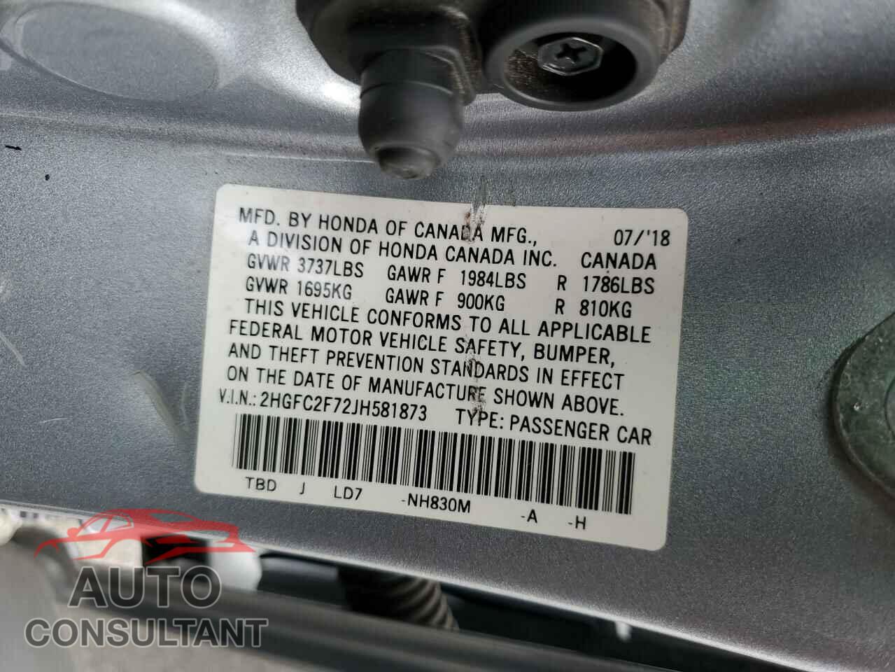 HONDA CIVIC 2018 - 2HGFC2F72JH581873