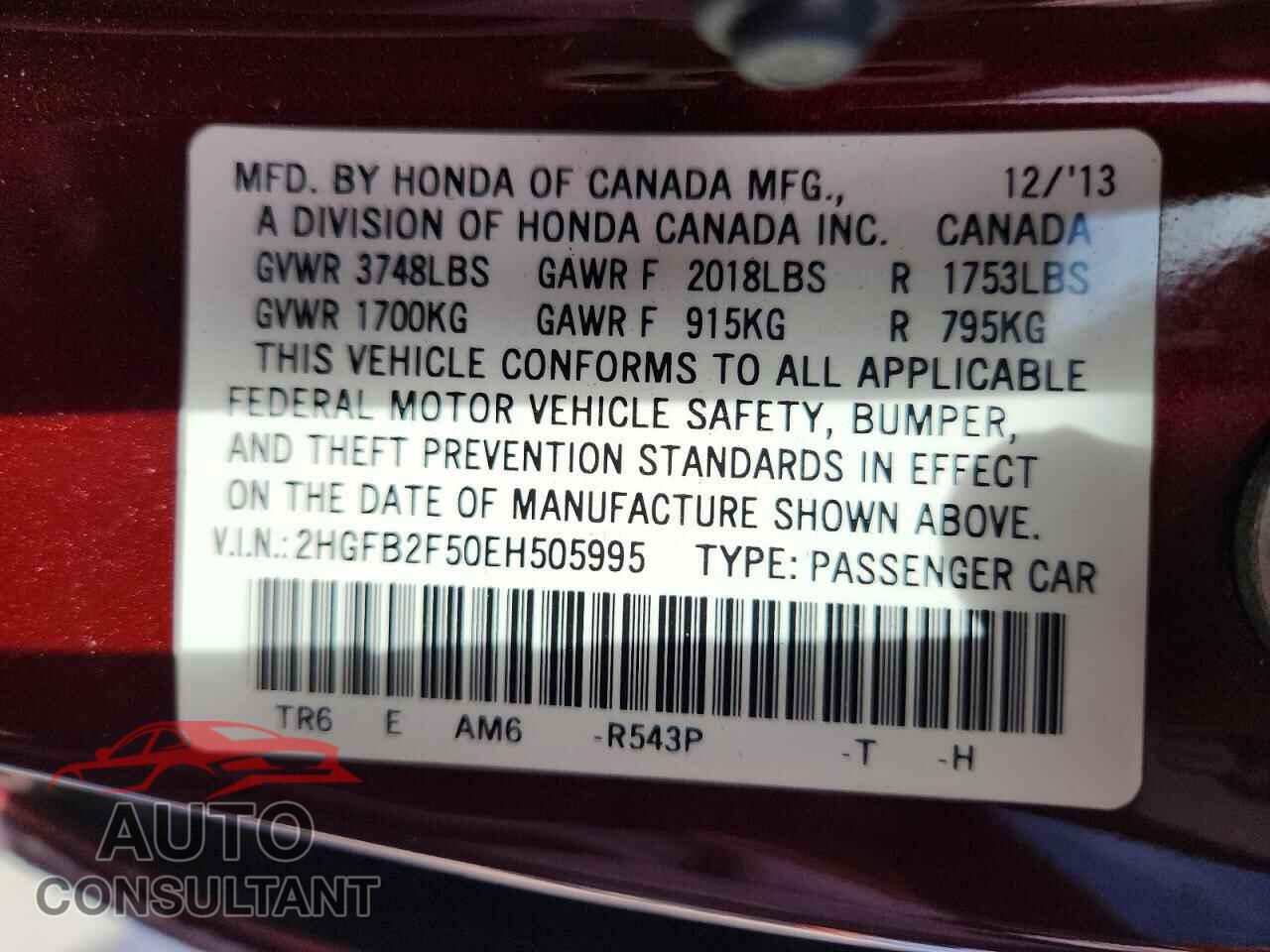 HONDA CIVIC 2014 - 2HGFB2F50EH505995