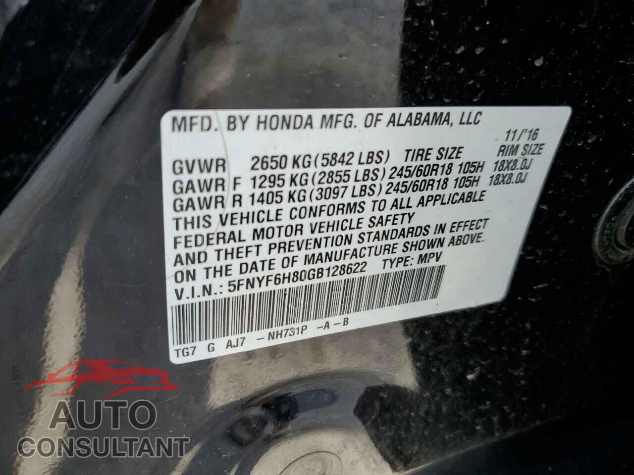 HONDA PILOT 2016 - 5FNYF6H80GB128622