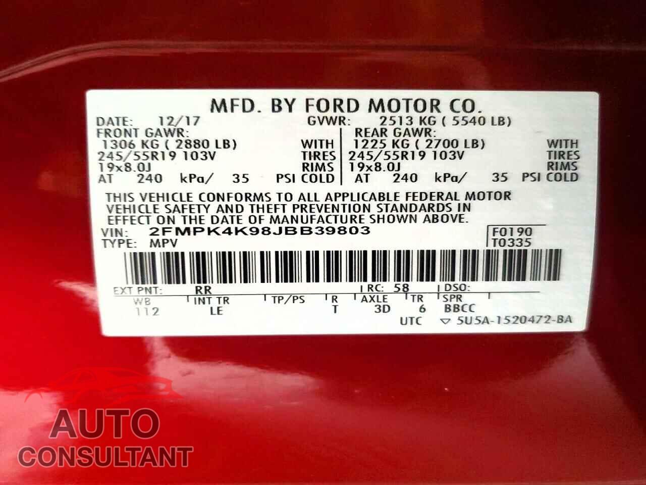 FORD EDGE 2018 - 2FMPK4K98JBB39803