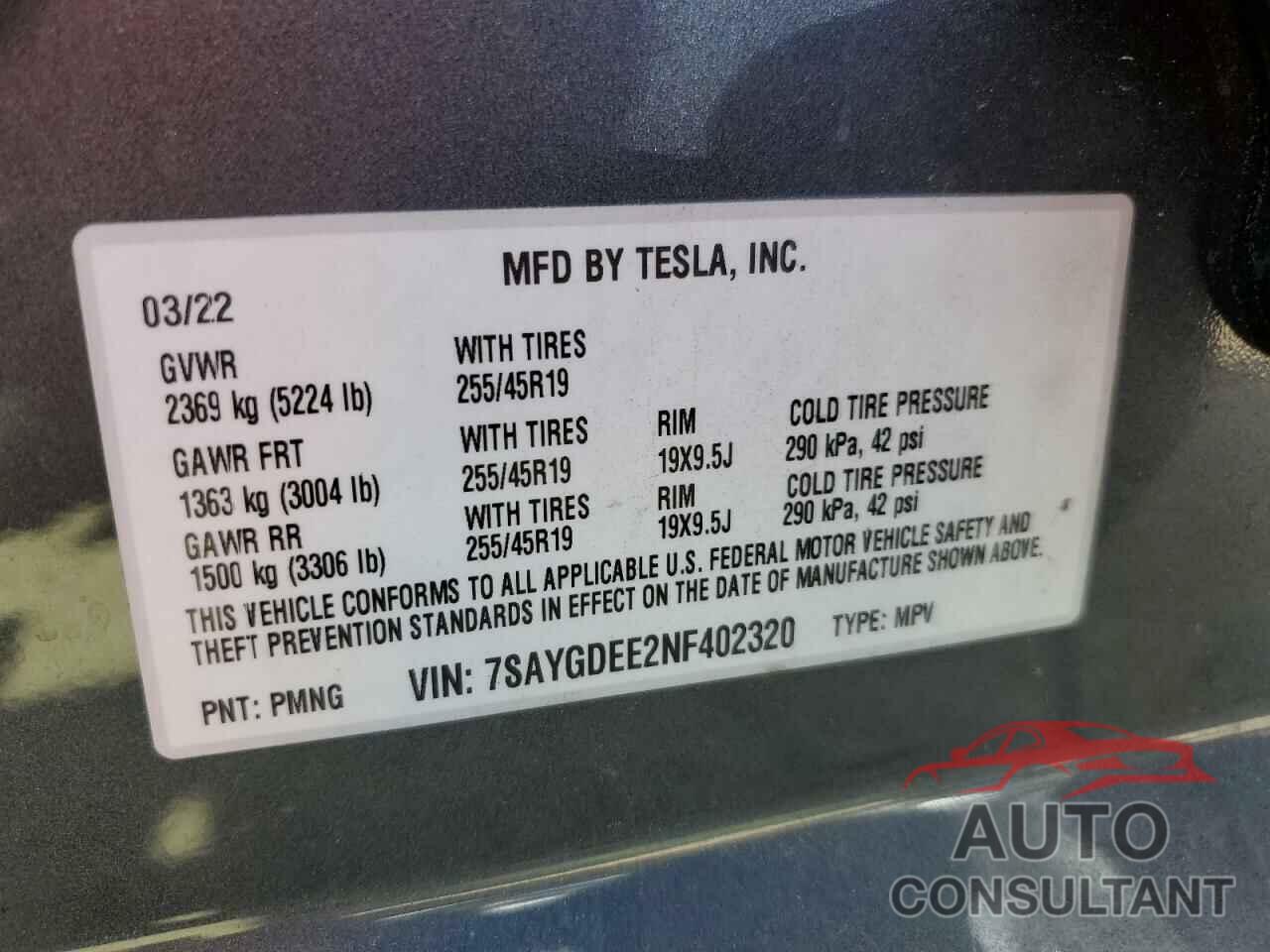 TESLA MODEL Y 2022 - 7SAYGDEE2NF402320