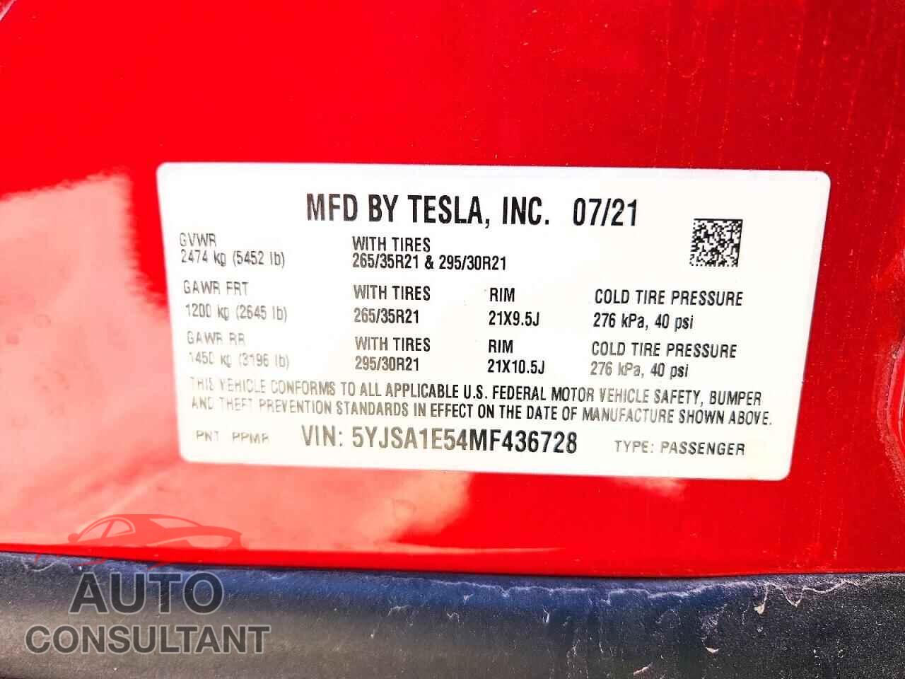 TESLA MODEL S 2021 - 5YJSA1E54MF436728