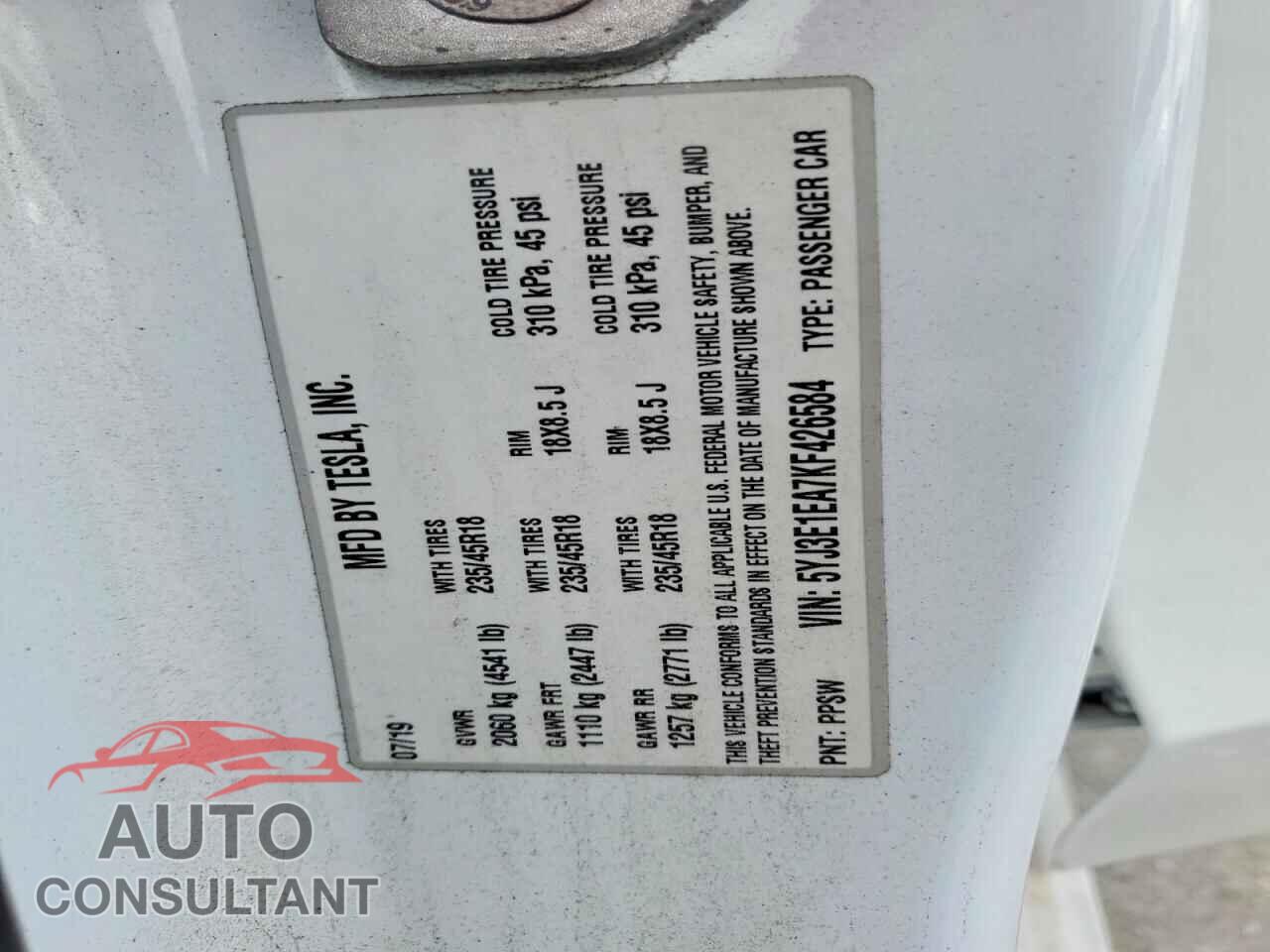 TESLA MODEL 3 2019 - 5YJ3E1EA7KF426584