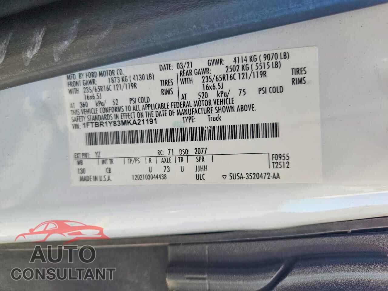 FORD TRANSIT 2021 - 1FTBR1Y83MKA21191