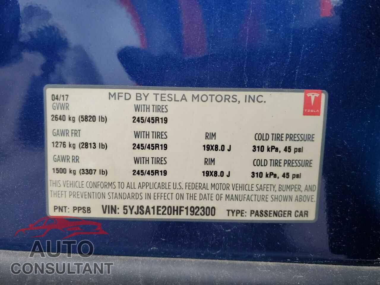 TESLA MODEL S 2017 - 5YJSA1E20HF192300
