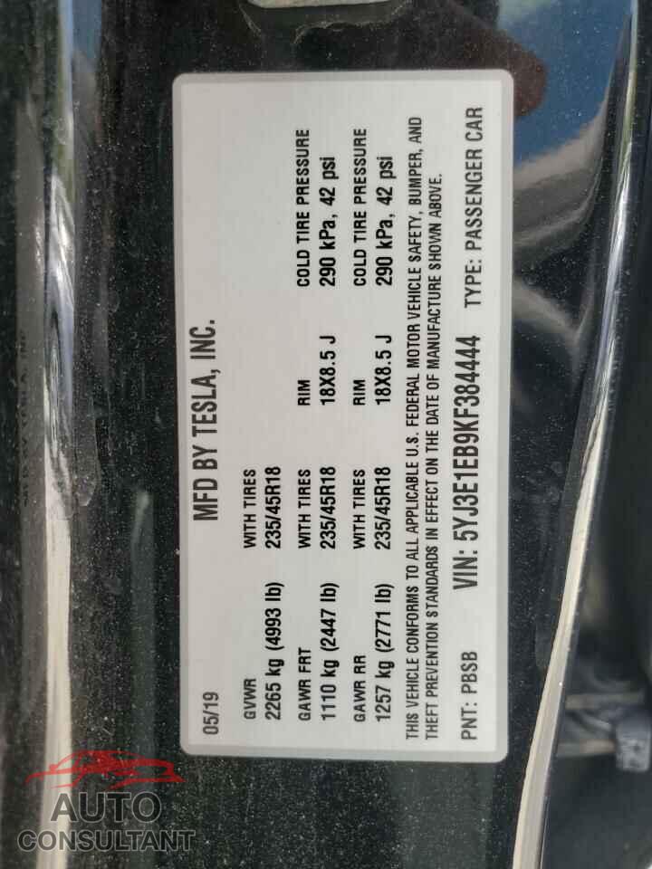 TESLA MODEL 3 2019 - 5YJ3E1EB9KF384444